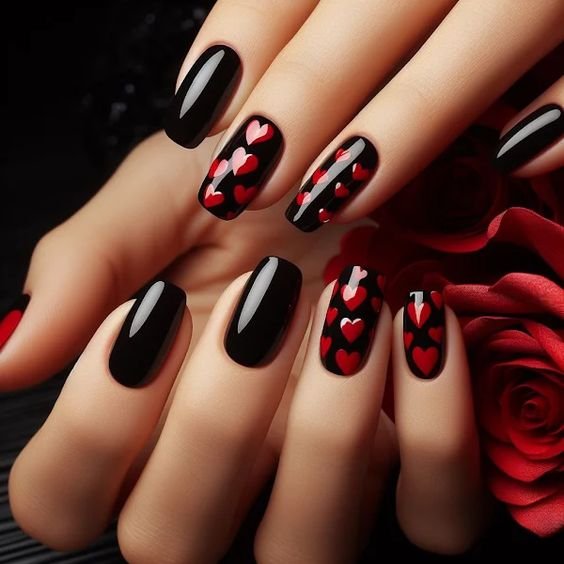 10 Luscious Red and Black Heart Nail Design Ideas 2